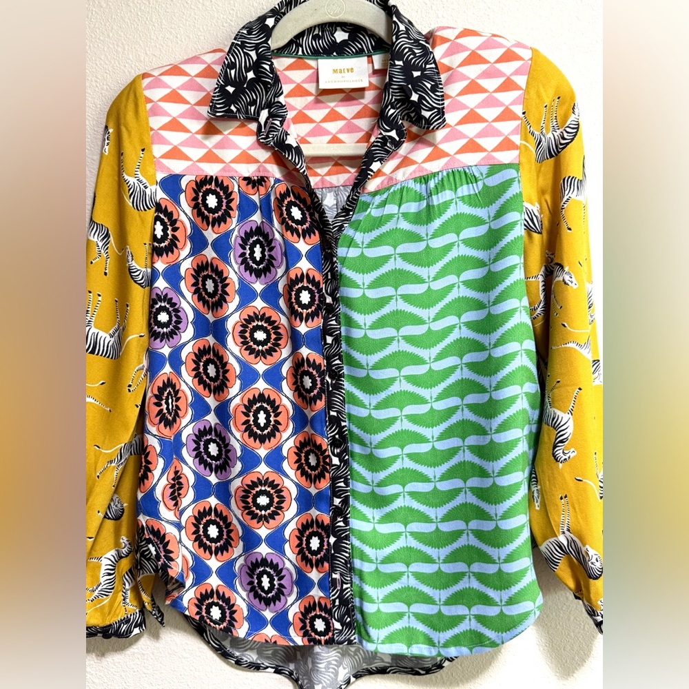 Anthropologie Maeve Patchwork Patterned Button Down Shirt Mod Hippie Artsy Y2K